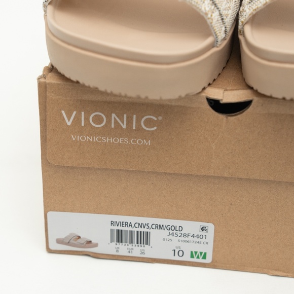 Vionic - Riviera Canvas Cream Gold Slide Sandals Size 10W - Picture 8 of 13